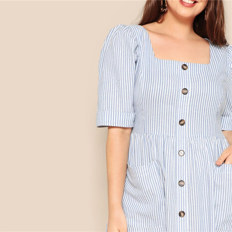 SHEIN, платье размера плюс, синее, с карманом, с заплатками, на пуговицах, в полоску, с карманом,, женское летнее повседневное Цельнокройное расклешенное платье с квадратным вырезом