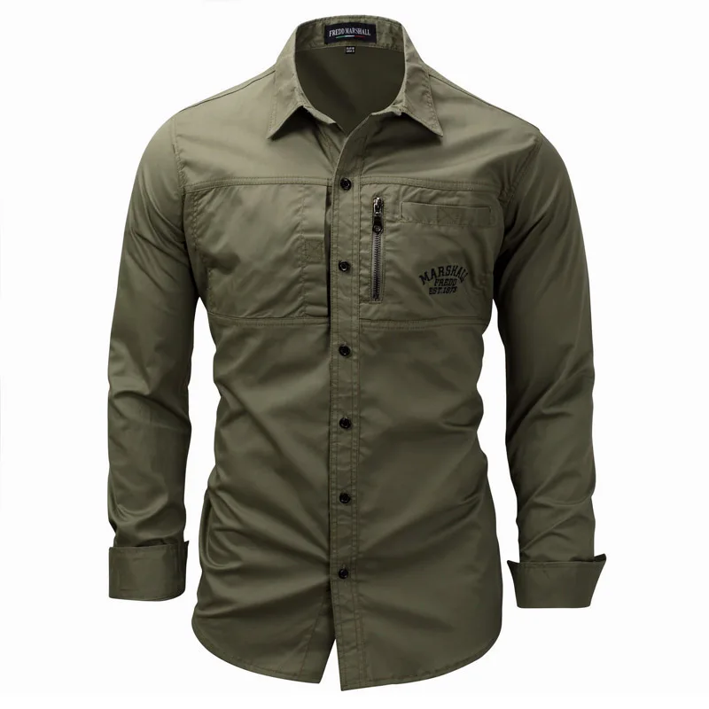 Fredd Marshall, однотонные повседневные мужские рубашки, хлопок, отложной воротник, длинный рукав, мужская кожаная рубашка размера плюс, 3XL, Chemise Homme - Цвет: army green