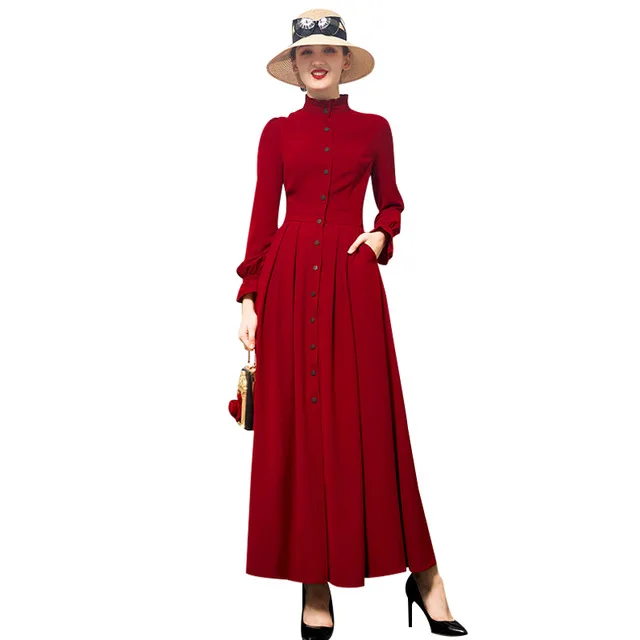 

Women Long sleeve Long Dress 2019 Spring Ladies Single Breasted A-line Elegant Ankle Kength Red Party Dresses Plus size S- 4XL