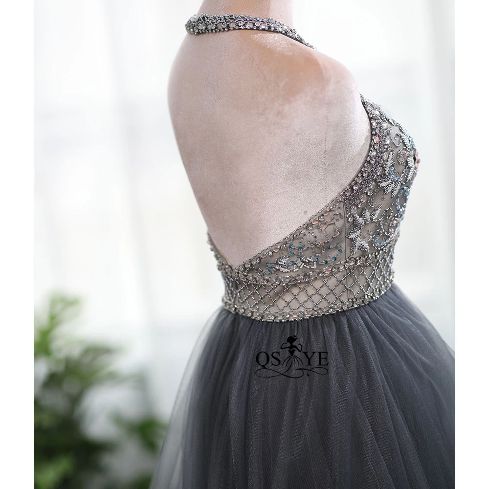 QSYYE Дешевое вечернее платье для выпускного вечера серый 3D цветы открытая спина тяжелый бисер молния для высокого воротника назад низкая цена вечерние платья