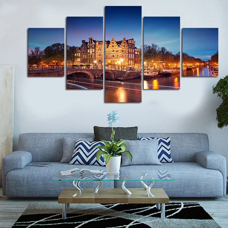 

Frame HD Printed Modern Canvas Living Room Pictures 5 Panel Amsterdam Building View Painting Wall Art Modular Poster Home Decor