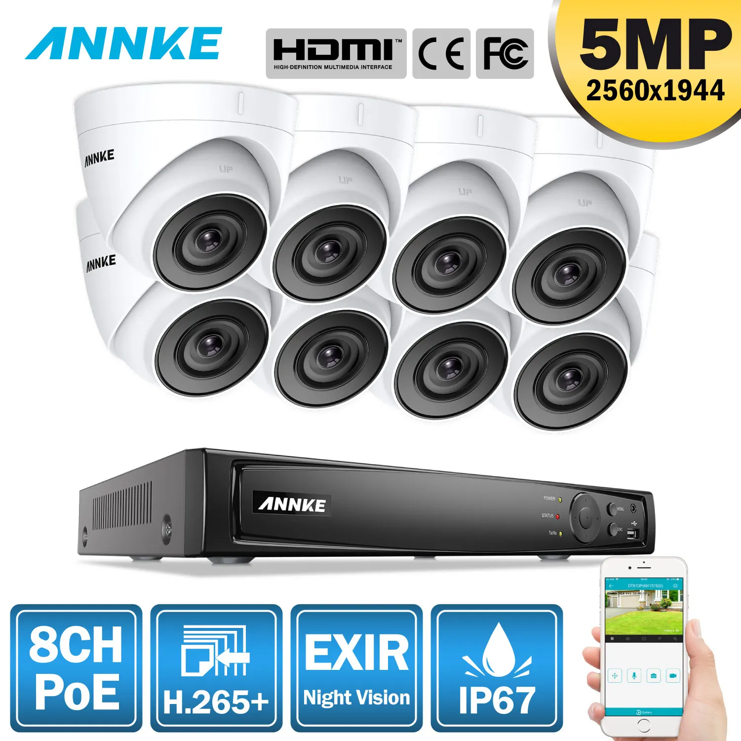 

ANNKE 5MP H.265+ 8CH PoE Network Video Security System 8pcs 2.8mm Lens IP67 Outdoor POE IP Cameras Plug & Play PoE Camera Kit