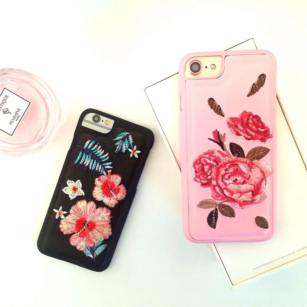 

new!Embroidered peony flowers phone cases for iphone 7 cute iphone 6s coque 3d handfeeling pink back cover PC mobile phone strap