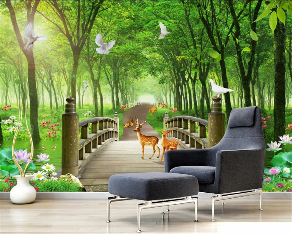 beibehang Custom room landscape photo wallpaper mural green big tree forest Wooden bridge deer papel de parede|Wallpapers| - AliExpress