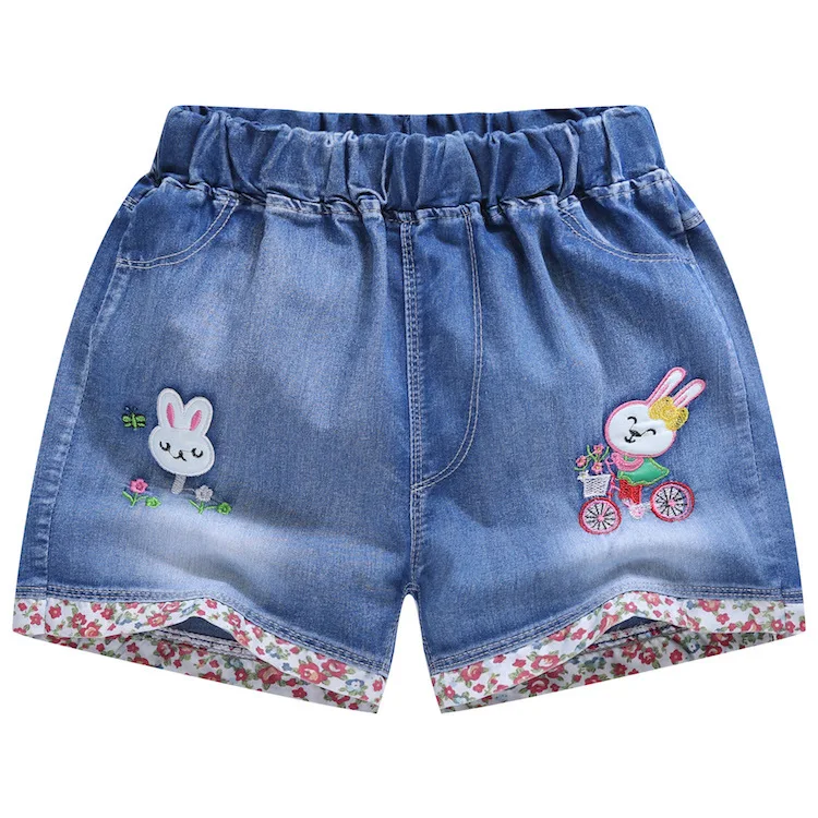 Хлопковые летние детские джинсовые шорты для девочек; модные джинсовые шорты с милым рисунком кролика; шорты для девочек; детские штаны с цветочным принтом