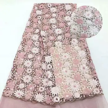 

Nigerian Lace Fabrics 2019 French Lace Fabric High Quality 3D Pink Gold Line Lace African Lace Applique Fabric For Party Dress
