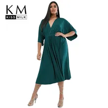 Kissmilk Новая мода простого размера плюс Горячая Распродажа женское повседневное приталенное платье миди с v-образным вырезом свободное элегантное однотонное женское шелковое платье