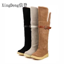 XingDeng/теплые зимние женские сапоги из замши и флока; большие размеры 37-40; Сапоги выше колена; зимние сапоги на платформе с пряжкой