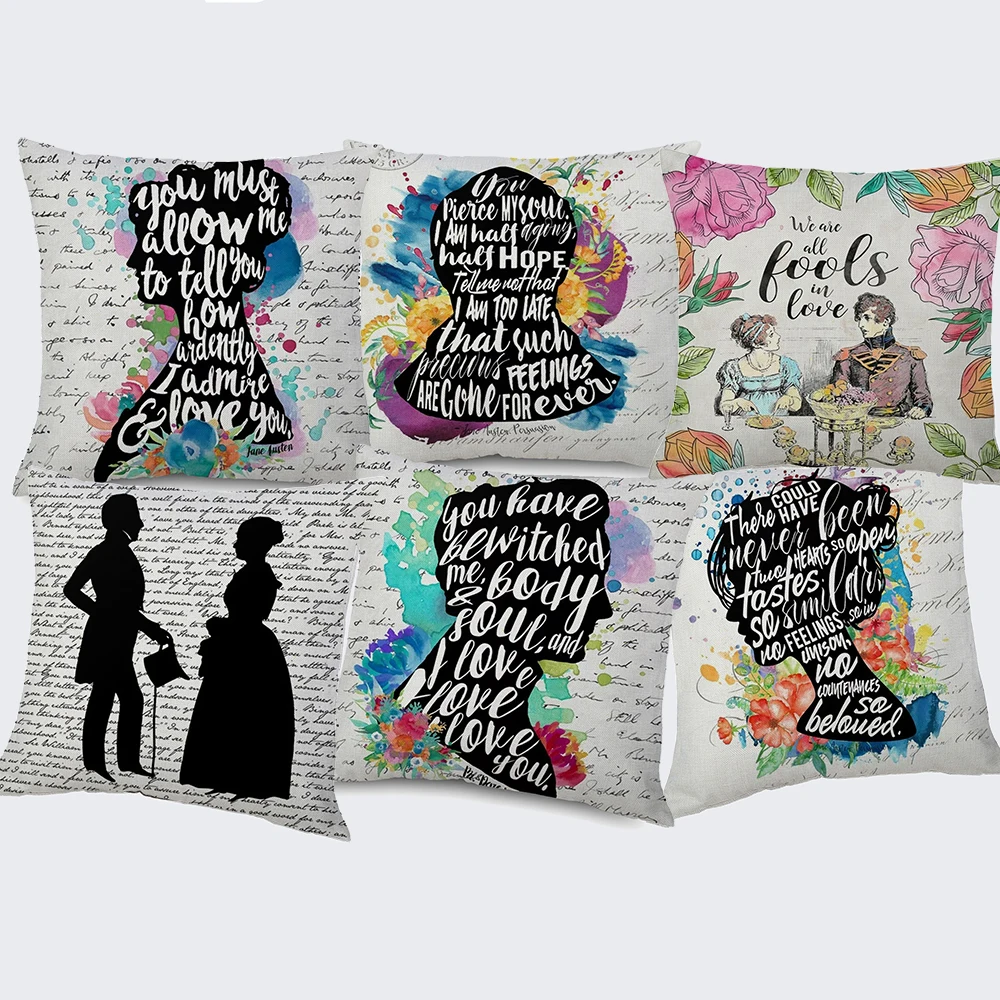 

Jane Austen Cushion Cover Watercolor Painting Persuasion Pride and Prejudice Portrait Quotes Art Cushion Covers Linen Pillowcase