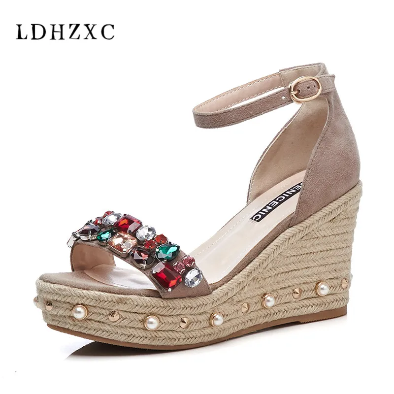 

LDHZXC women sandals wedges shoes for womens summer platform comfort sandals real leather narrow Party rivet casual wome sandals