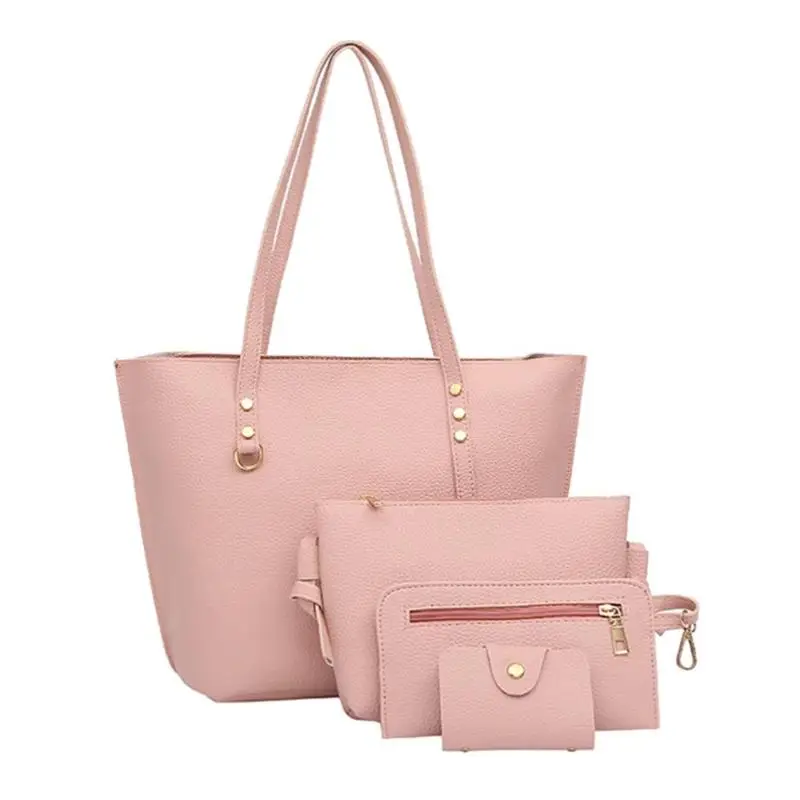 

4pcs/set Solid Color Litchi Pattern Composite Bags Women Shoulder Crossbody Handbags Clutch Card Holder Totes Purse