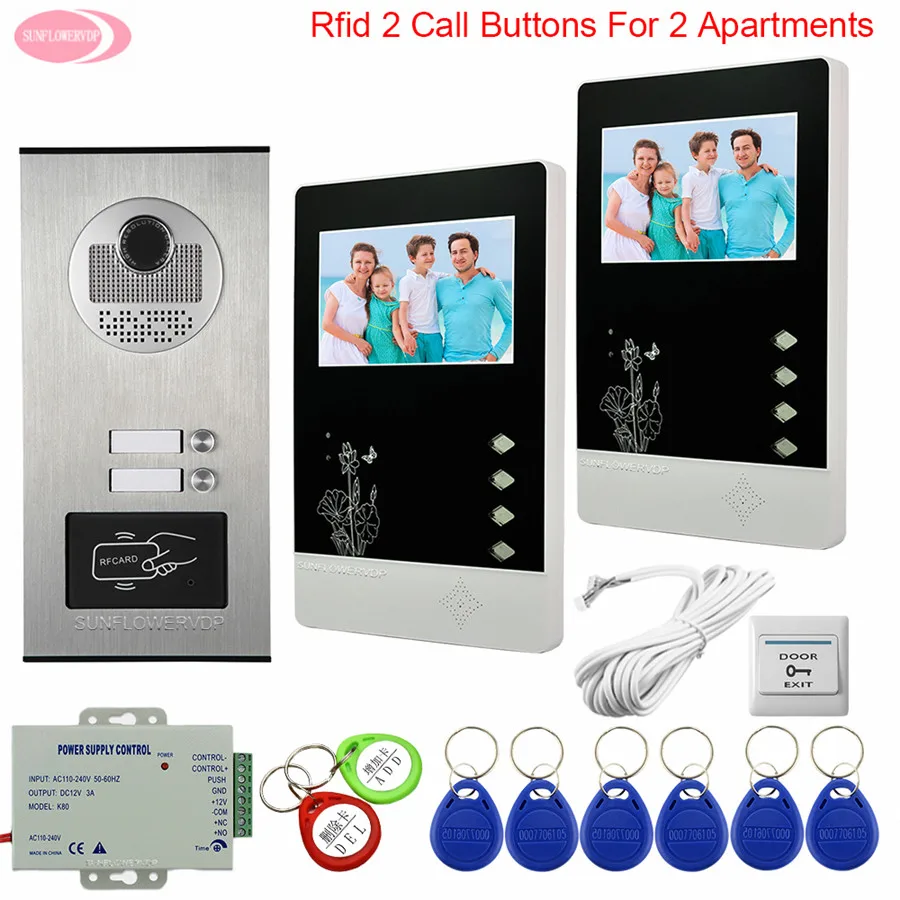 

Video Door Phone Intercom System Video Intercom 2 Apartments Access Control 4.3 inchs Color Video Intercom With Lock Bell System