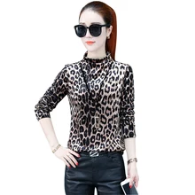 Женская футболка с леопардовым принтом, модные пуловеры с длинным рукавом и стоячим воротником, топы, повседневные тонкие зимние базовые Топы A315