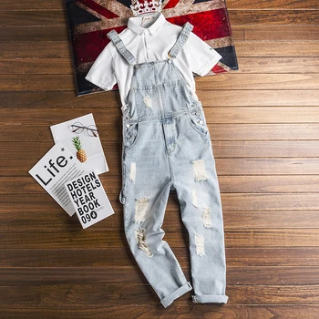 

Super Handsome Broken Hole Denim Overalls American Retro Tooling Mens Jumpsuit Fashion Wild Suspenders Male