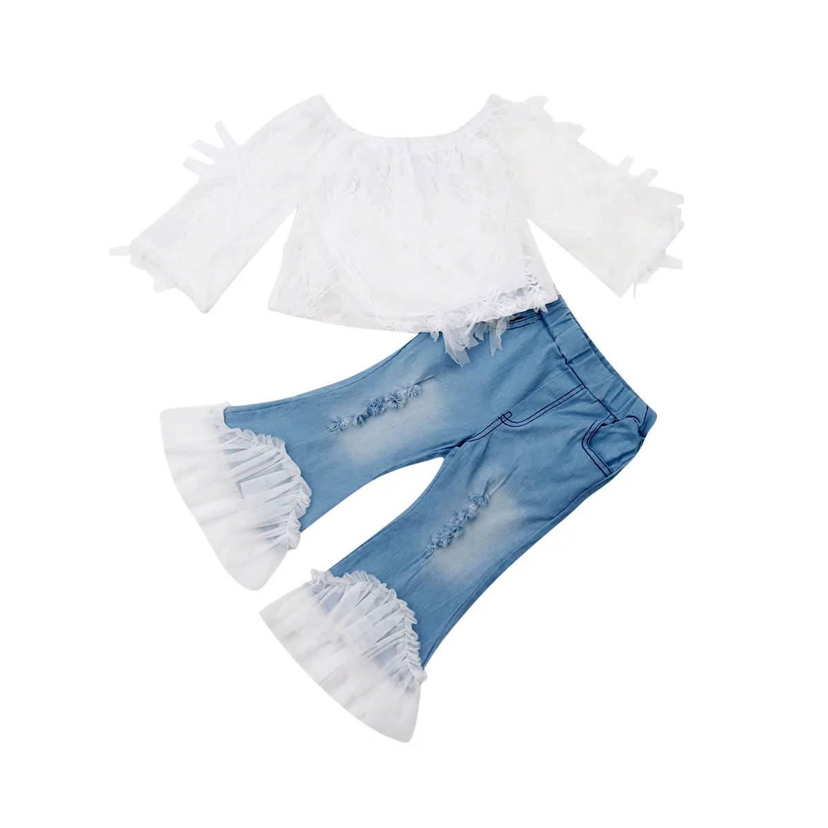 

Toddler Kid Baby Girl Summer Lace T Shirt Off Shoulder Tops Denim Hole Pants Flare Pants Outfits Clothes Set 1-6Years
