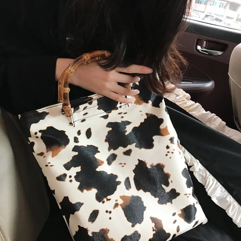 Винтажные женские сумки с рисунком коровы, дизайнерские ручные сумки с бамбуковой ручкой, повседневные вместительные сумки, женские кошельки, женская сумка-мешок