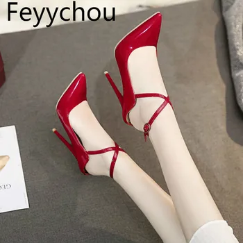 

Women's Pumps Super High Heels Spring Autumn Patent Leather Pointed Toe Buckle 2019 New Sexy Fashion Casual Party Big Size 34-47