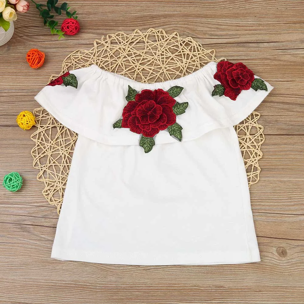 

1-5T summer clothes for girls sleeveless cotton Ruffles neck Embroidery white tops for girl