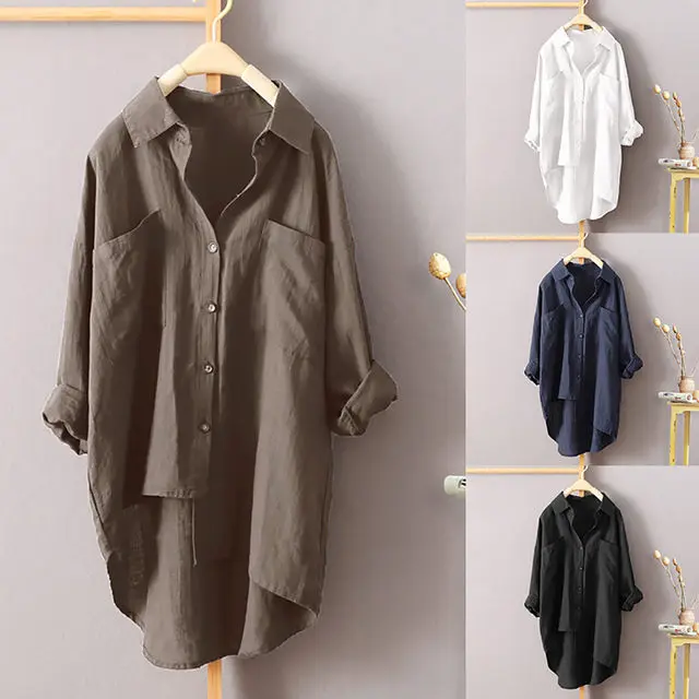 

Explosions new women's casual style solid color shirt autumn cotton and linen cardigan double pocket long sleeve blouse