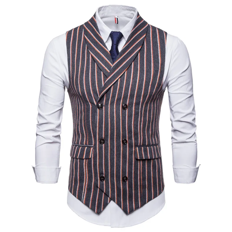 Riinr 2018 Autumn Men Striped Vests Causal Double-breasted Mens Suit Vest Vintage Wedding Waistcoat Men's Suit Vest Wedding Vest