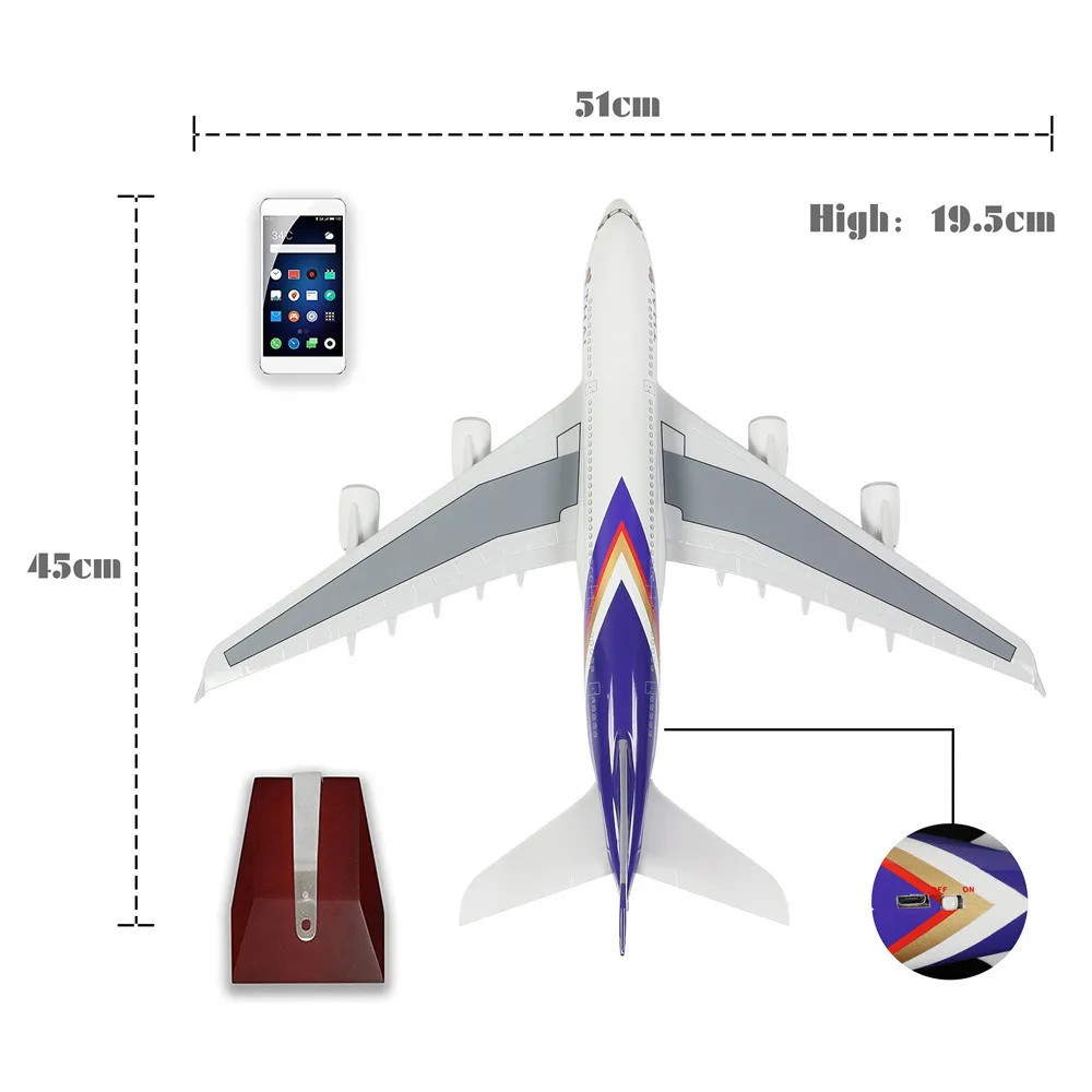 46 см 1: 160 литья под давлением модель самолета Таиланд Airbus A380 с светодиодный свет (прикосновение или звук Управление) для украшения или