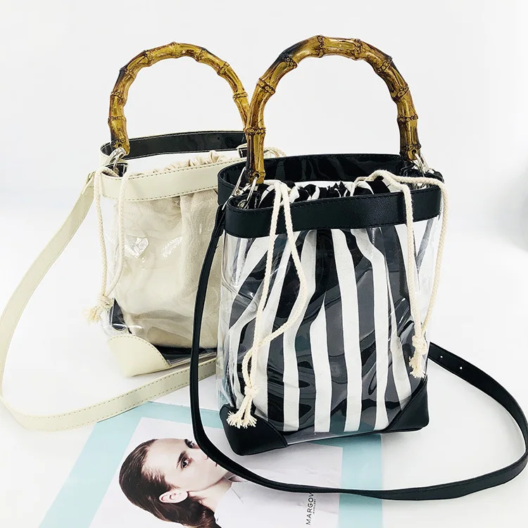 

Caker Brand 2019 Women Large Big Stripe PVC Bags High Quality Bamboo Ring Drawstring Shoulder Beach Bags Wholesale