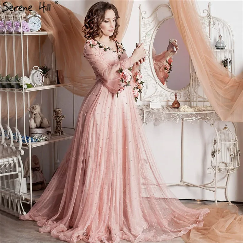 Сексуальное модное платье принцессы с рукавами-фонариками; персиковый, розовый цвет; Блестящий Жемчуг; цветок; а-силуэт; вечерние платья; Модный дизайн; стиль LA6342