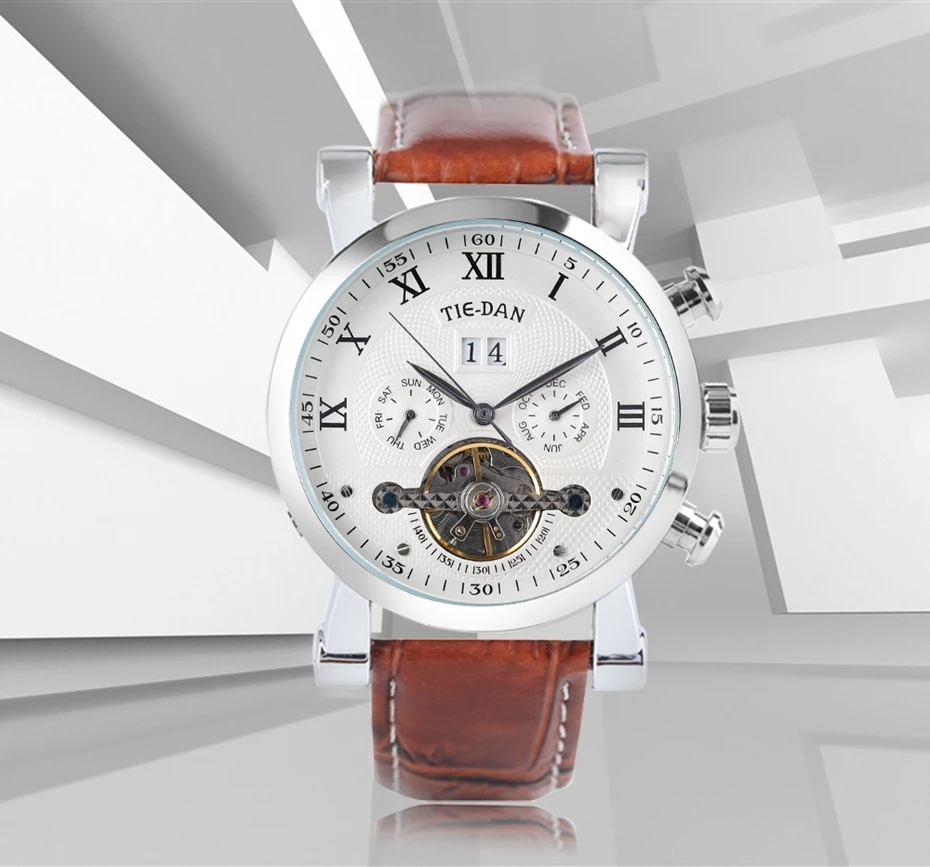 Men's Tourbillon Mechanical Watch Luxury Business Self-Winding Wrist Watch Trendy Genuine Leather Fashion New Time Date Display Best Christmas GiftS for Men Male (24)