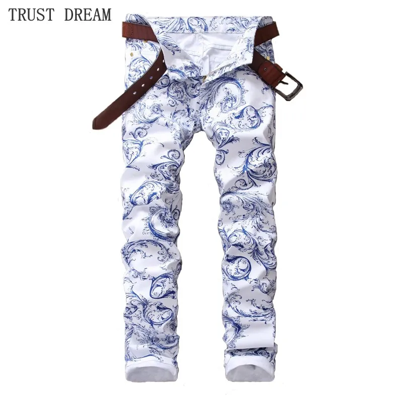 

Spring Summer 2019 Fashion Man Floral Slim Jeans Men White Blue Printed homme hombre Jean Streetwear Personal Amazing trousers