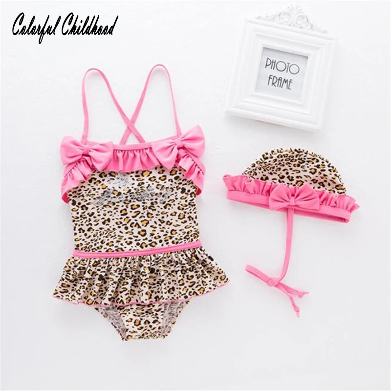 

one piece Kids Baby Girls Leopard print Bow Bikini sling Swimwear Swimsuit Clothing(swimsuit+hat)