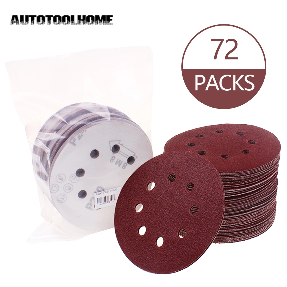 

72Pcs Sanding Disc 125mm Sandpaper for 5Inch Sander Polisher 40 60 80 180 240 320 Mixed Grit 5-hole Hook and Loop Abrasive Tools