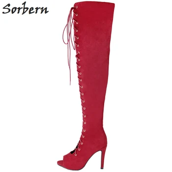 

Sorbern Red Boots Women 2018 Lace Up Peep Toe Plus Size China 34-47 Flock Fashion Ladies Party Boots Over The Knee Length B