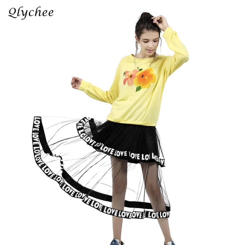 

Qlychee Letter Ribbon Mesh Patchwork Tulle Skirt Female Casual A Line Long Skirt Spring Summer Loose Mid-Calf Skirt Streetwear