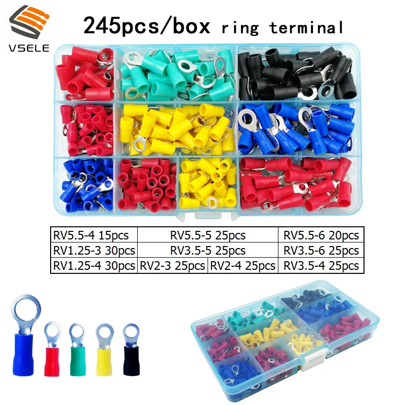 

245pcs/box ring crimp insulation terminal RV1.25-3/4 RV2-3/4 RV3.5-5/6 RV5.5-4/5/6 for 1.5 2.5 4 6mm2 wire cable connector