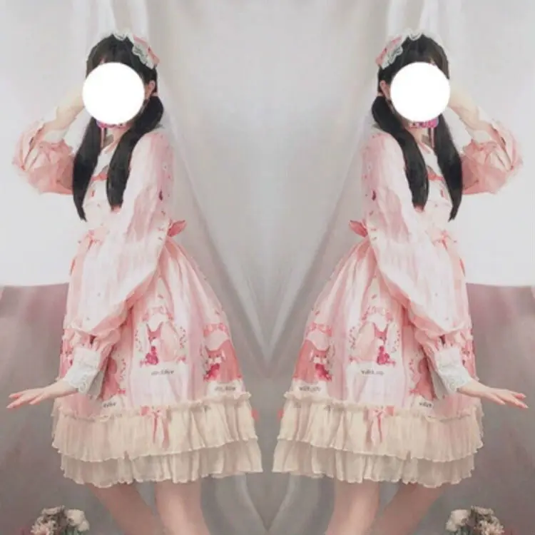 pink dress hairwear Японское Kawaii милое короткое платье для девочек мягкое винтажное розовое платье с длинными рукавами платье принцессы с принтом животных костюмы - Цвет: pink dress hairwear