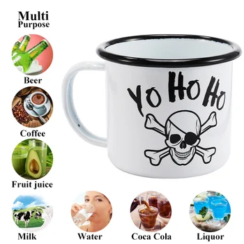 

Simple Black Edge Enameled Cup, Milk Mug with Skull Pattern, Home and Office Coffee Cup