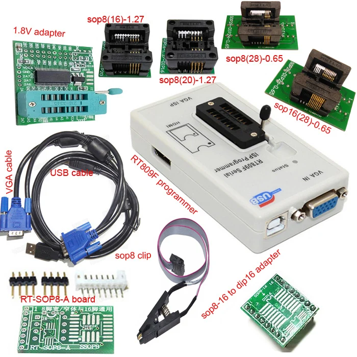 

Free shipping RT809F programmer+ 4 test socket +1.8V adapter +TSSOP8/16 to dip 16 sop8 clip VGA LCD original programmer