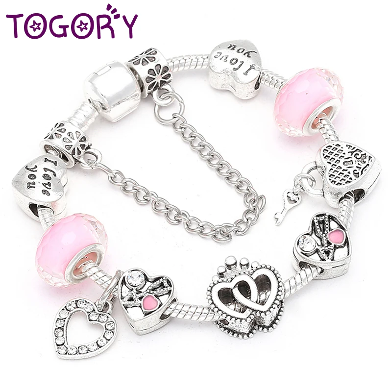 

TOGORY European Pink Heart To Heart Beads Charm Bracelets For Women Fit Brand Bracelet & Bangle Couple Jewelry Dropshipping