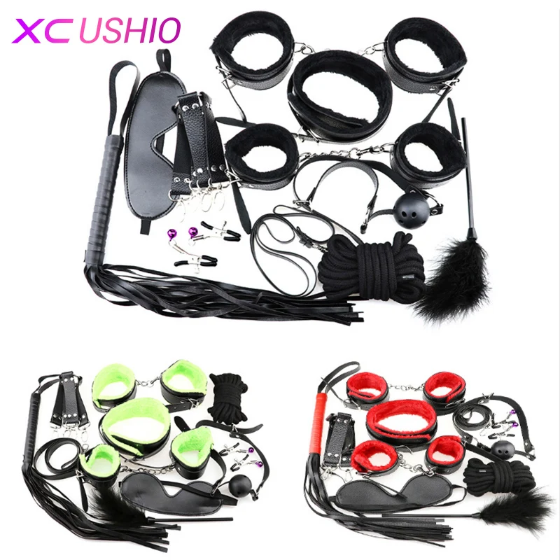 Adult Games BDSM Bondage Restraint Belt 10pcs/set Sex Handcuffs Nipple Clamp Whip Collar Love Kit Sex Toys for Couples