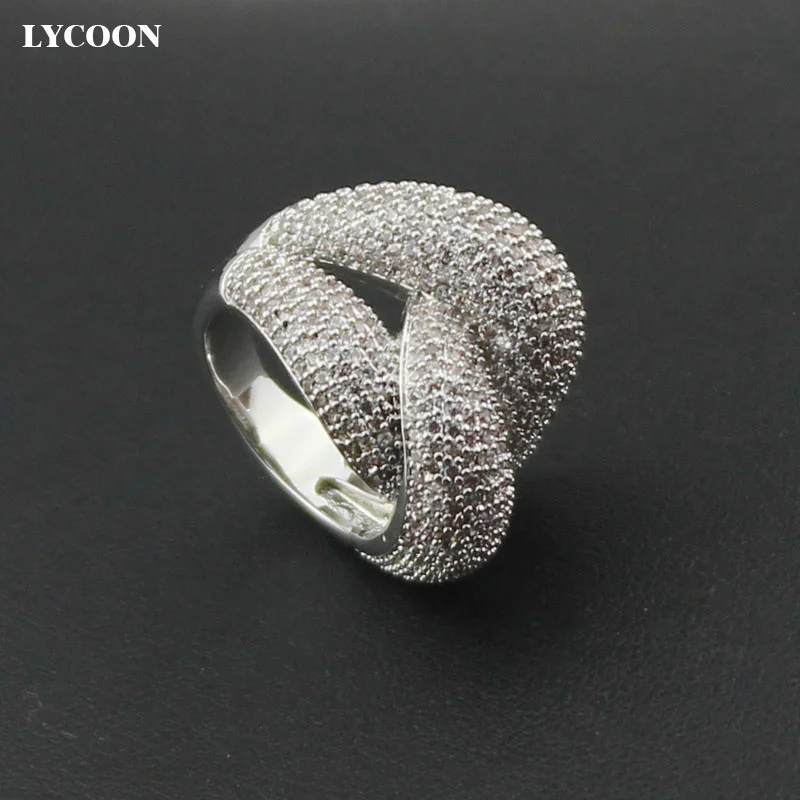 

LYCOON elegant knot style Irregular rings silver plated luxury prong setting white Cubic Zirconia for women