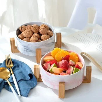 

Marble Gold Rim Ceramic Salad Rice Bowl Tableware Soup Bowls Simple Porcelain Creative Stackable Cutter Bowl With Wood holder