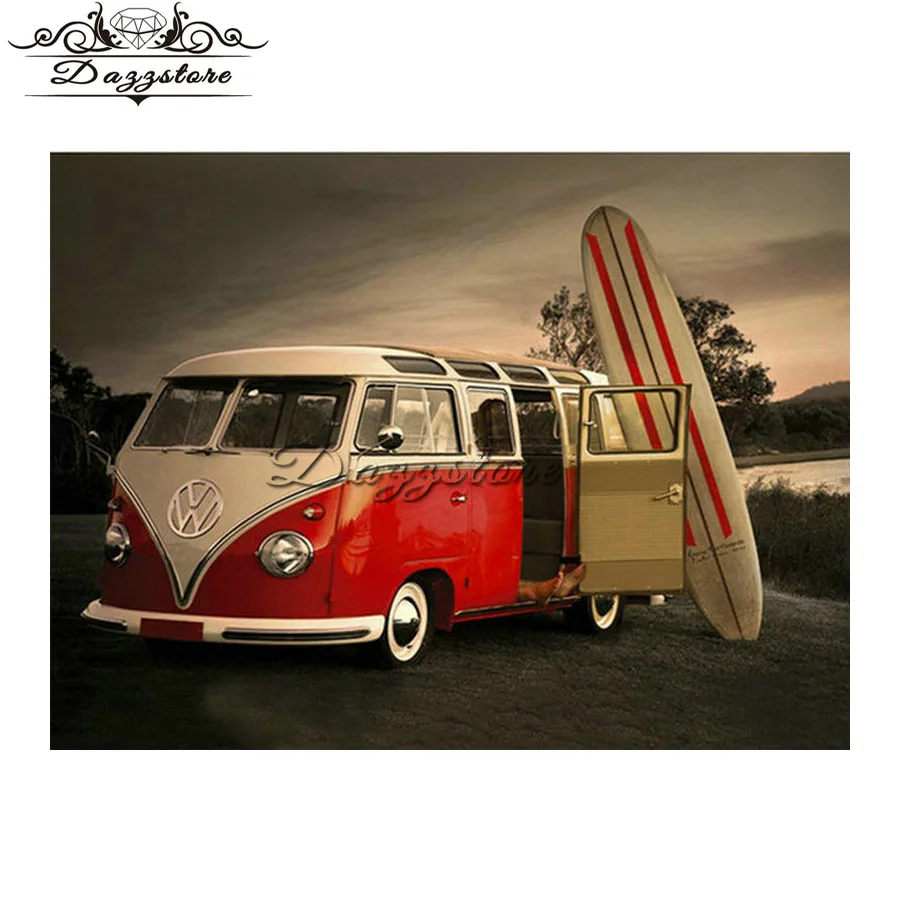 

DIY Diamond Painting Landscape Full Diamond Embroidery Cross Stitch Red Volkswagen Diamond mosaic Rhinestone Crafts needlework