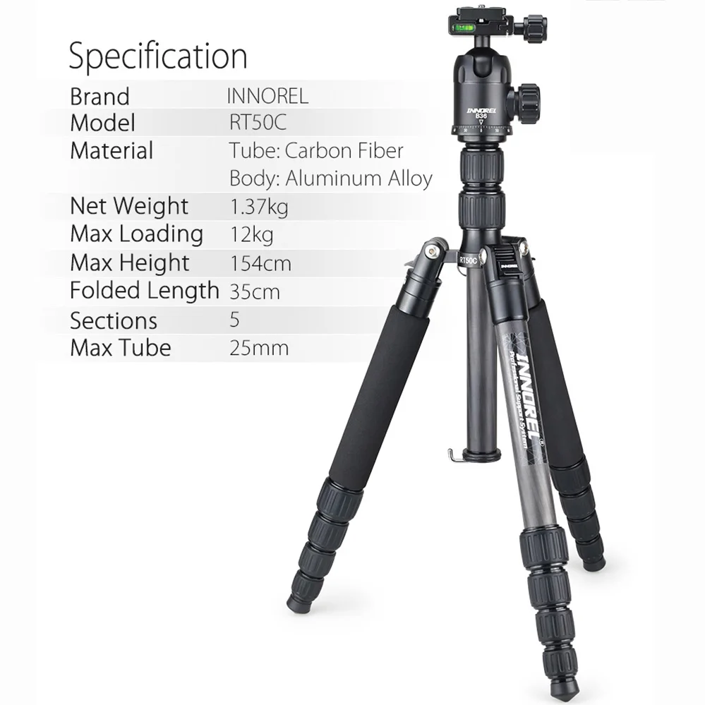 INNOREL RT50C Professional Carbon Fiber Camera Tripod Travel Compact Tripod Video Monopod with Quick Release Plate & Ball Head