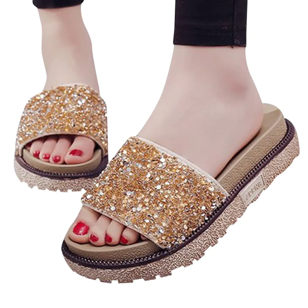 

2020 Roman Beach Style Slippers Sandals Slippers Shoes Rome Women Flats Sequin Crystal Open Toe Beach Shoes zapatos de mujer