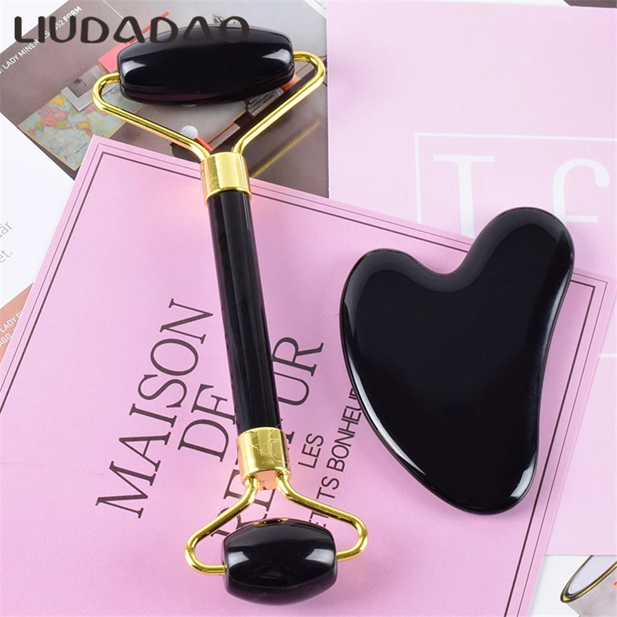  2Pcs/Set Jade Rollers Black Obsidian Guasha Massager Tools Smooth Natural Stone Body Neck Face Lift