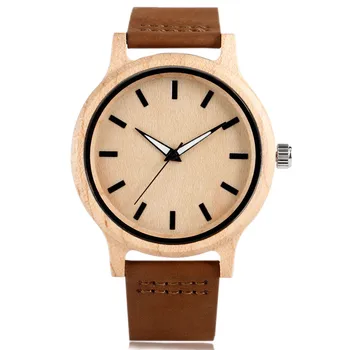 

Unique Hand-made Natural Men's Wood Watches with Brown Genuine Leather Watchband Light Wooden Case Simple Design Watch for Mens