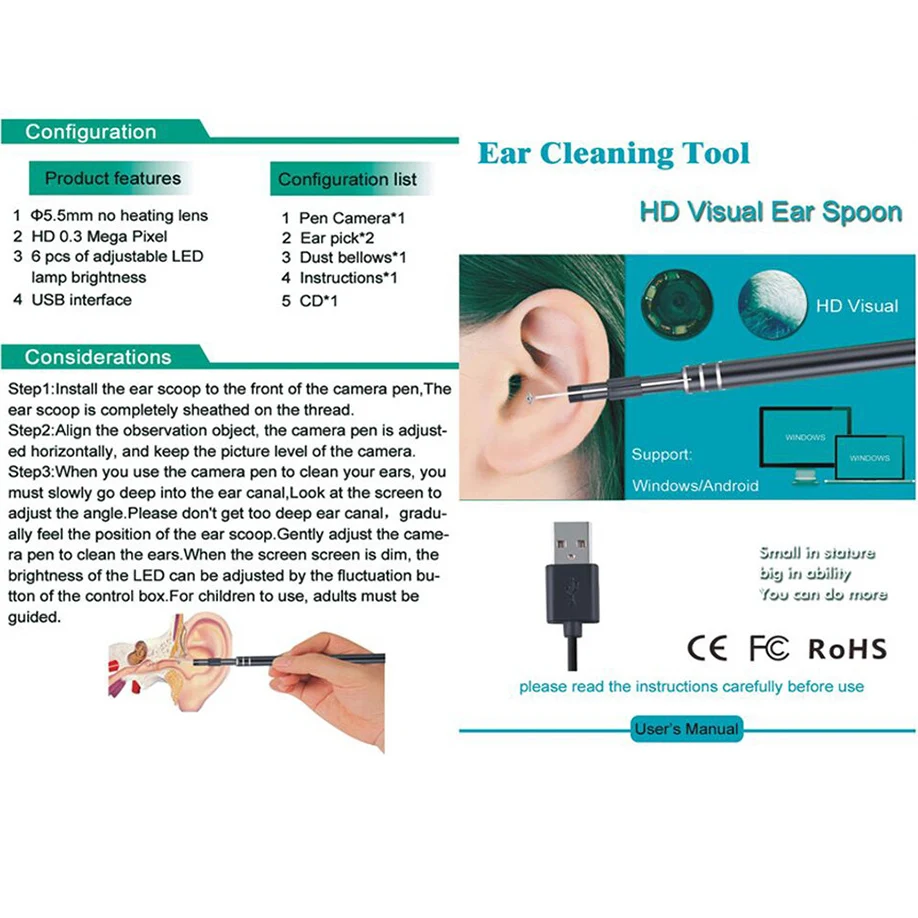 Новая мода, красивая USB мини-камера, эндоскоп, многофункциональный инструмент для чистки ушей, HD визуальная металлическая Ушная ложка для Windows PC