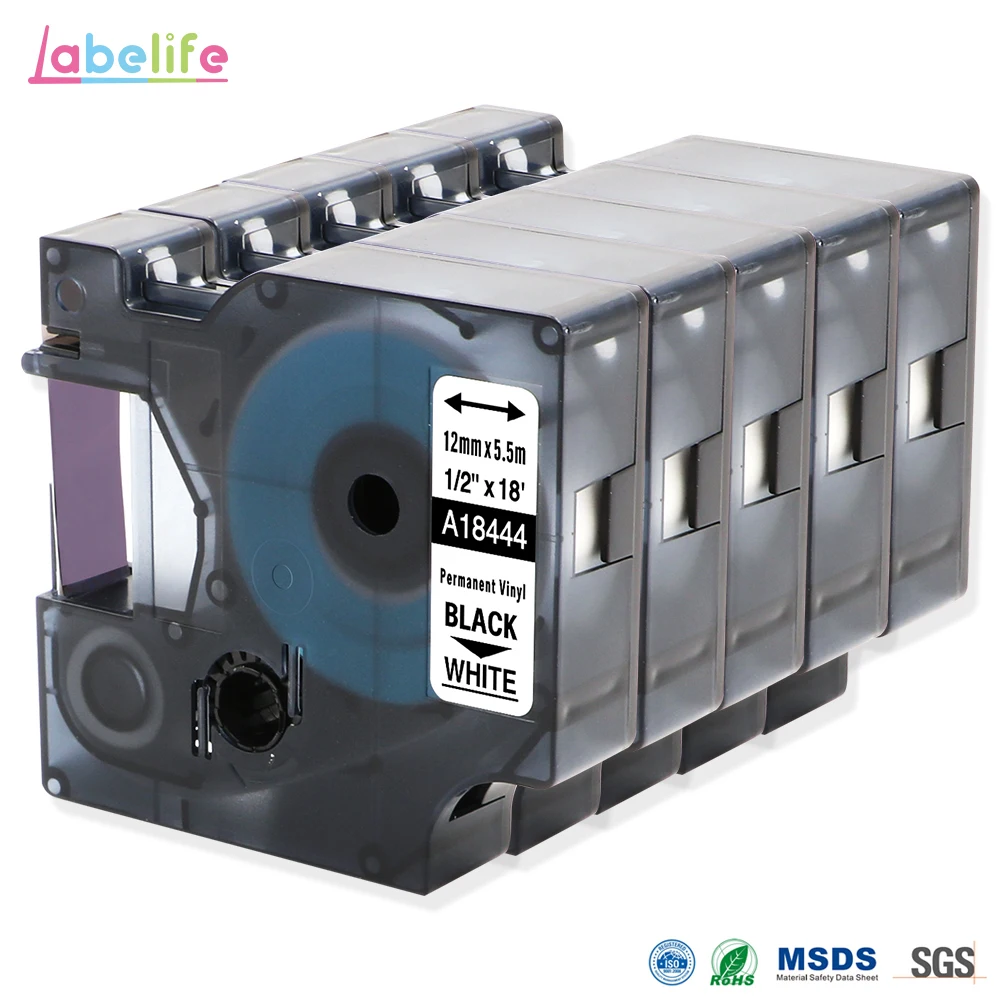 5 Pack 18444 Black/White For DYMO Rhino IND Vinyl Labels Rhino 12mm