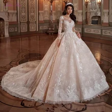 Julia Kui длинный рукав органза свадебное платье бальное платье с симметричным декором совок декольте невесты платье