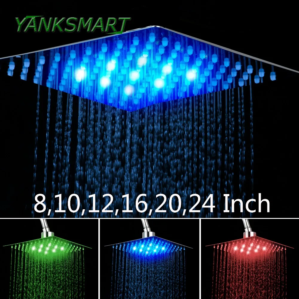 

YANKSMART 8 / 10 /12 / 16 /20 / 24 inch inches bathroom shower head Luxury Chrome Brass LED Square Rainfall wall ceiling mount